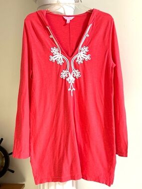 Lilly Pulitzer Noelle Hooded Tunic Coral Cotton Knit Long Sleeve Beach Cover-up